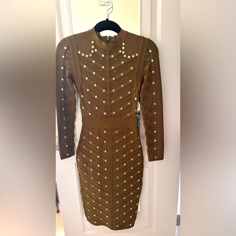 House of CB Olive Green Long Sleeve Studded Bodycon Dress